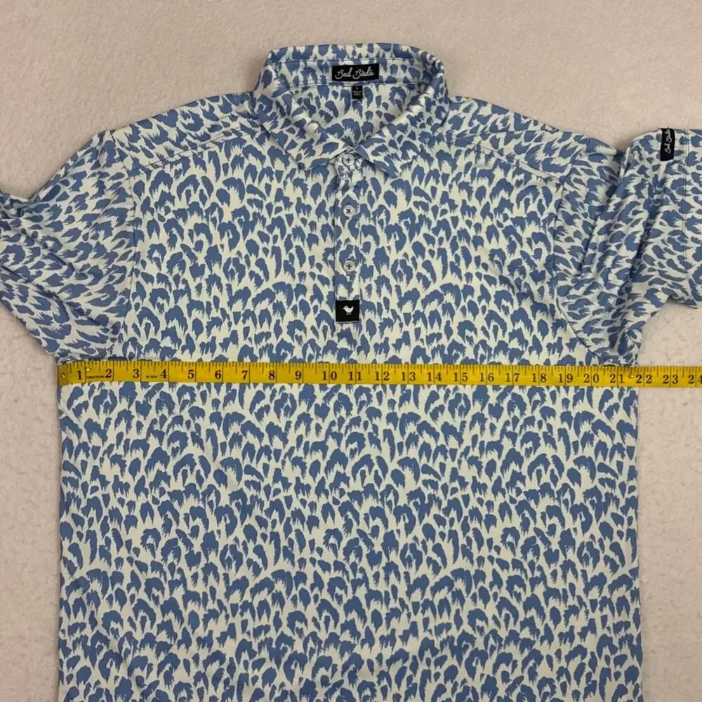 Bad Birdie Men’s L Golf Polo Shirt Blue & White Leopard Animal Print Performance